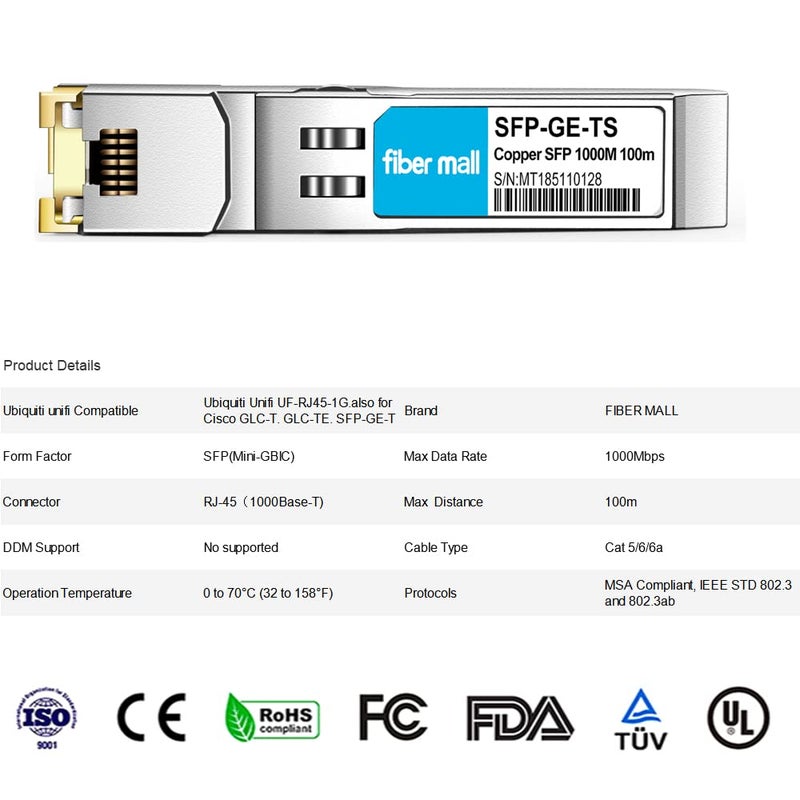fiber mall Cisco GLC-T GLC-TE SFP-GE-T Ubiquiti Unifi UF-RJ45-1G Netgear AGM734 D-Link DGS-712 Finisar FCLF852XP2BTL 1000BASE-T SFP Mini GBIC Copper RJ-45 100m Transceiver Module - Image 3